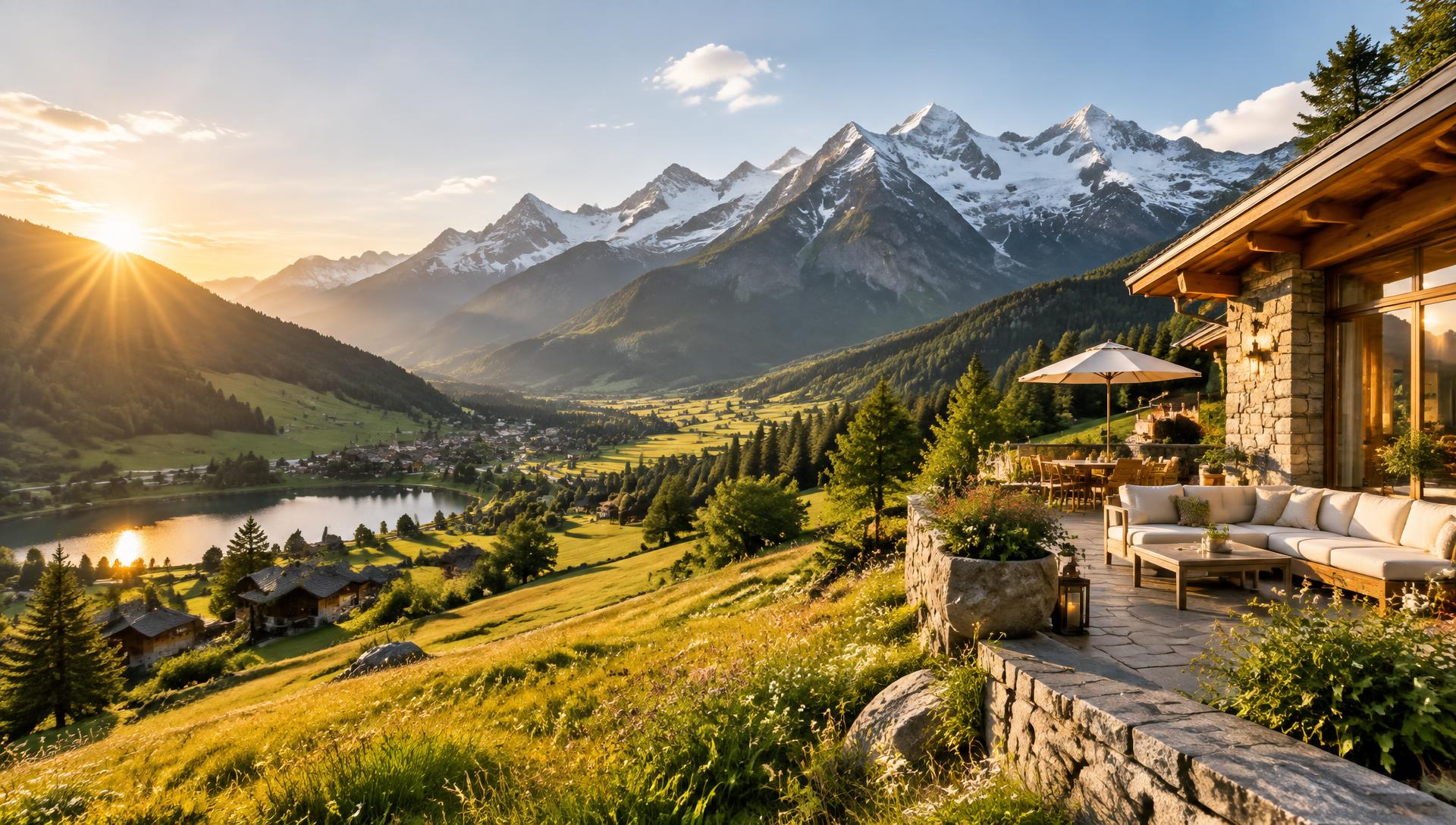 Bright sunlit mountain valley with alpine lake and luxury retreat terrace