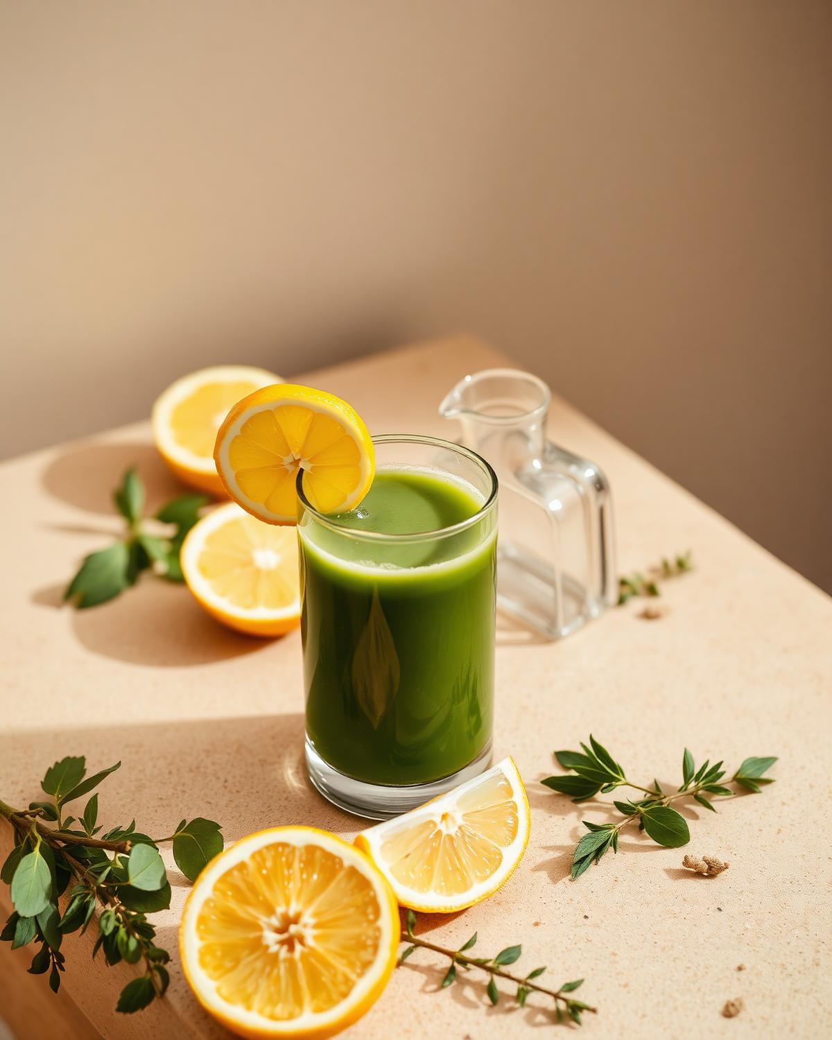 Fresh green wellness drink in a glass jar surrounded by tropical leaves