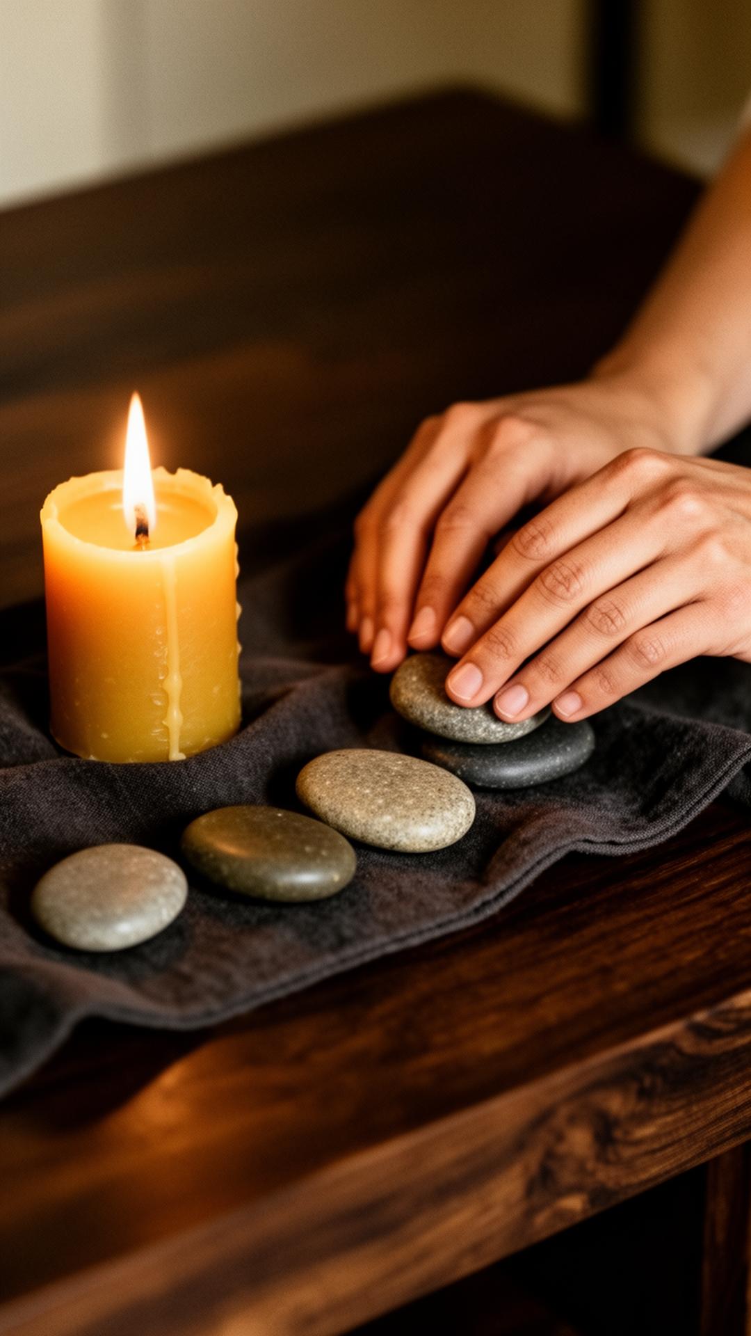 Beeswax candle and stones on warm dark linen