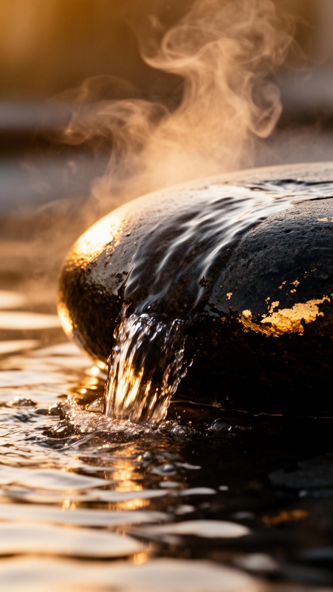Warm water cascading over dark stone at golden hour