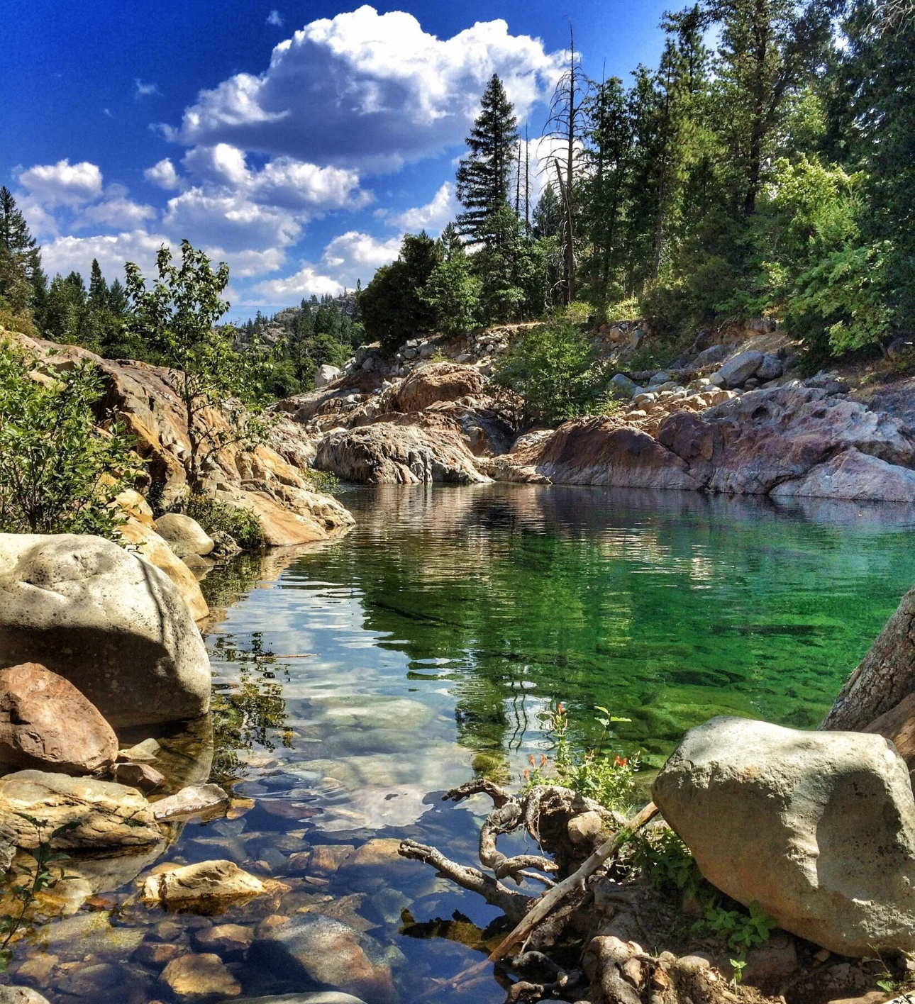 Emerald swimming hole among granite boulders and pines in the Nevada City foothills