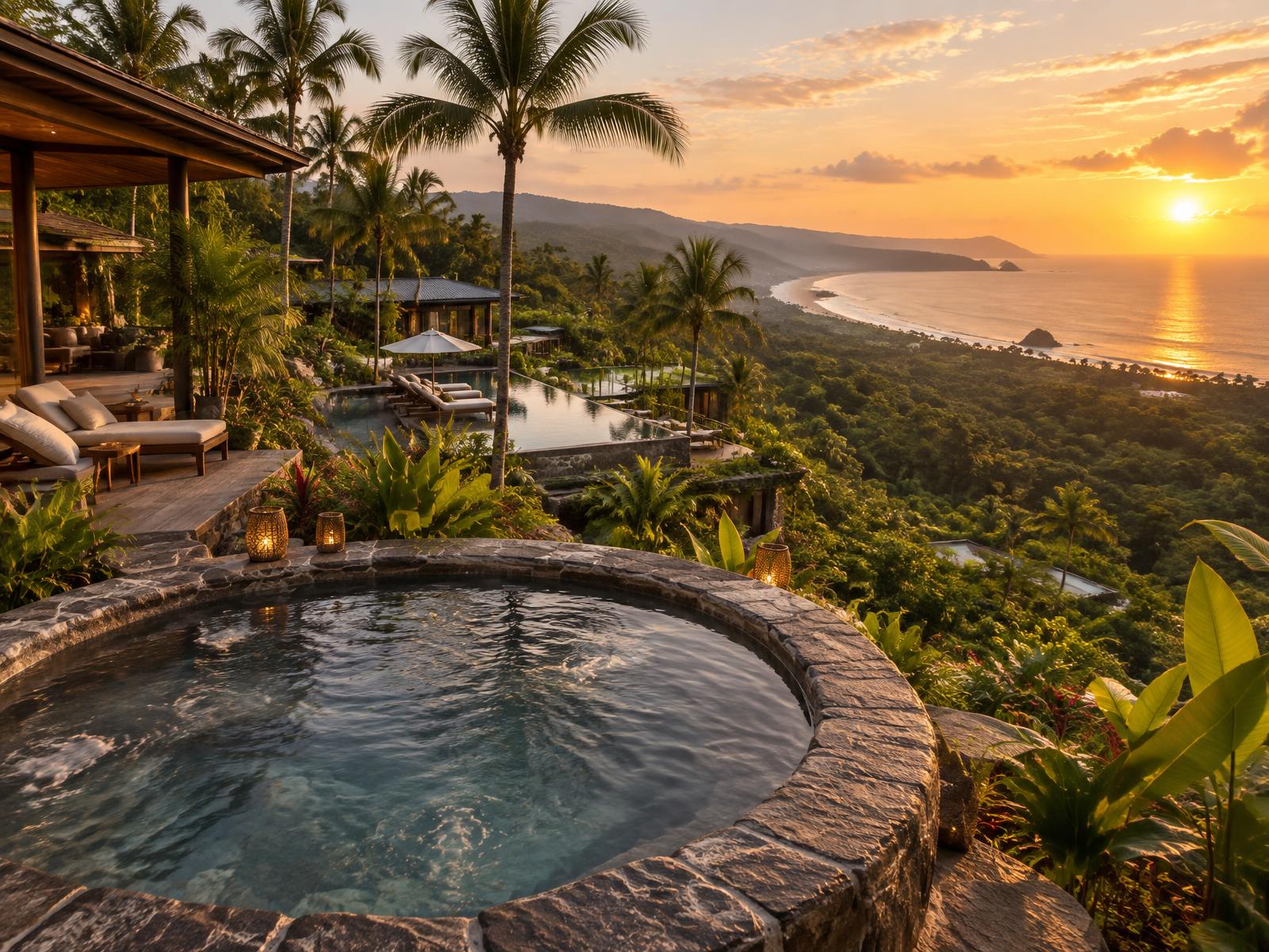 Stone hot tub and infinity pool overlooking the Uvita coastline at golden hour