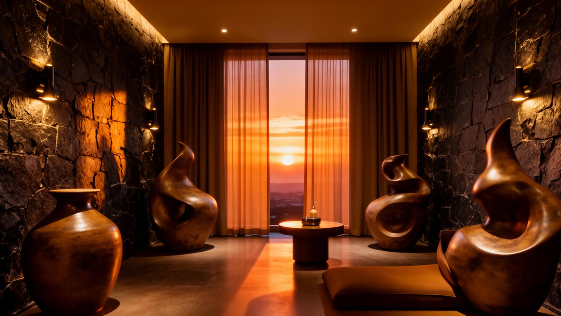 Warm stone wellness suite at sunset with sculptural vessels