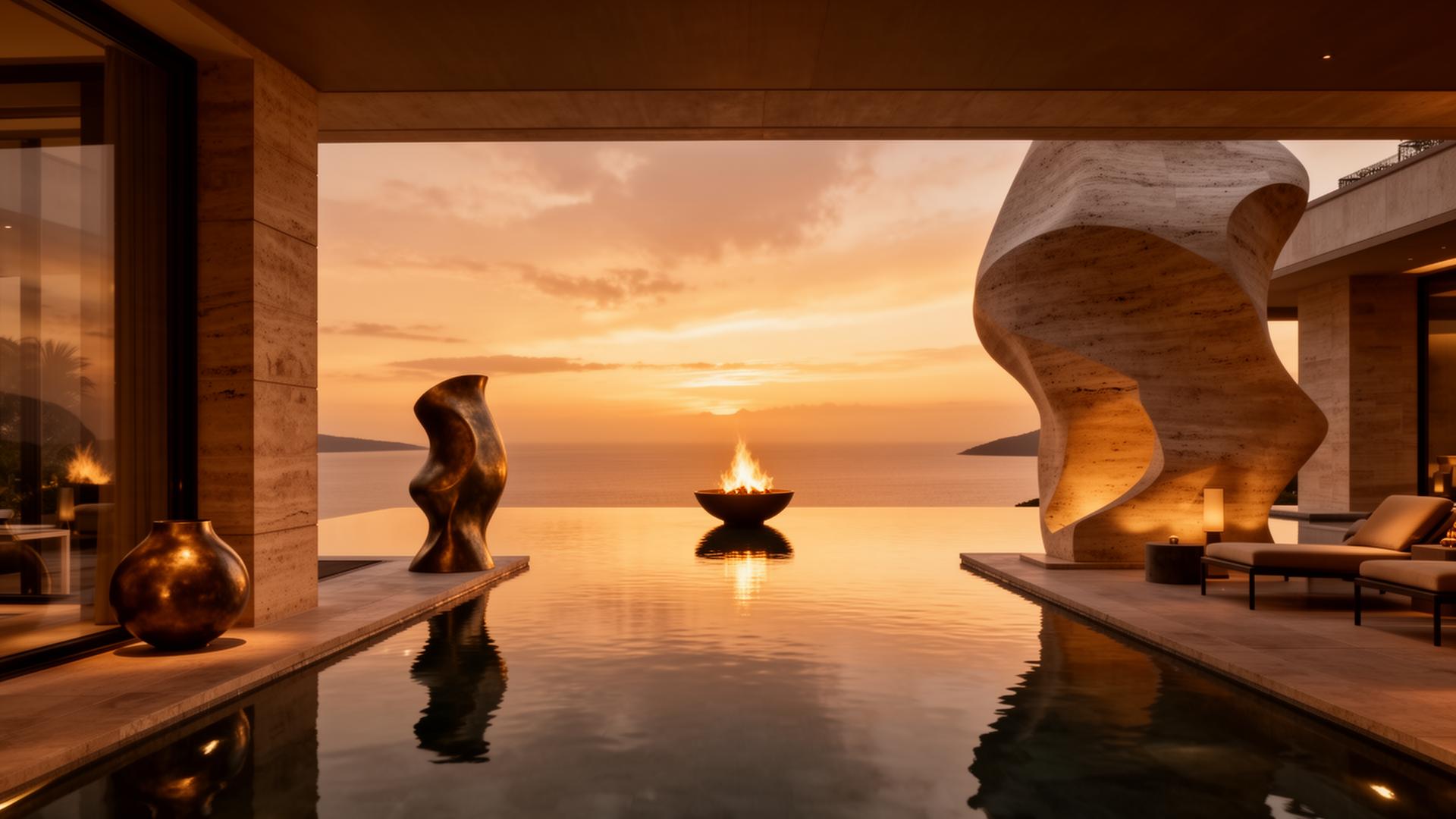 Infinity pool at dusk with fire bowl and travertine sculpture