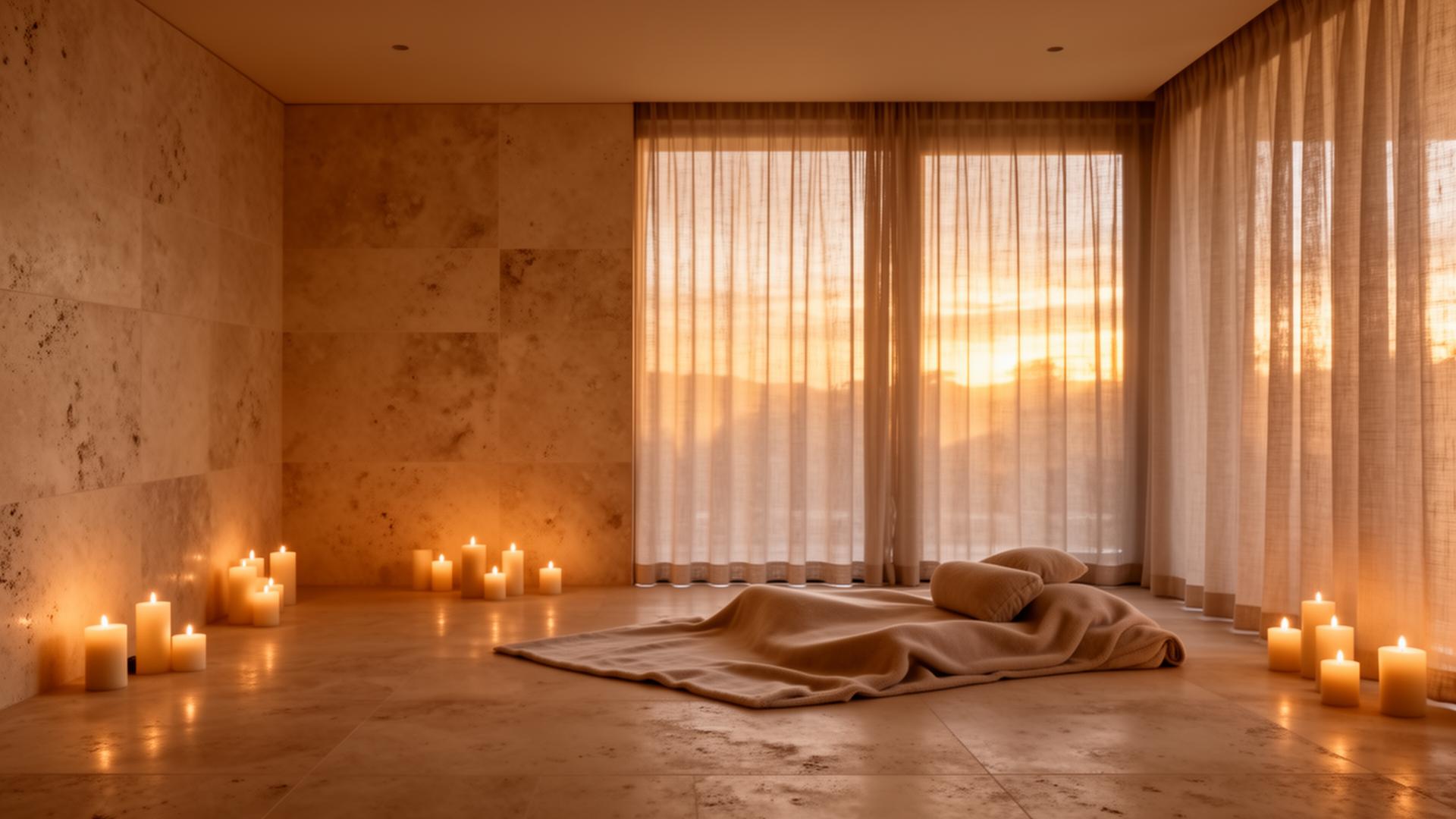 Candlelit limestone wellness room at golden hour