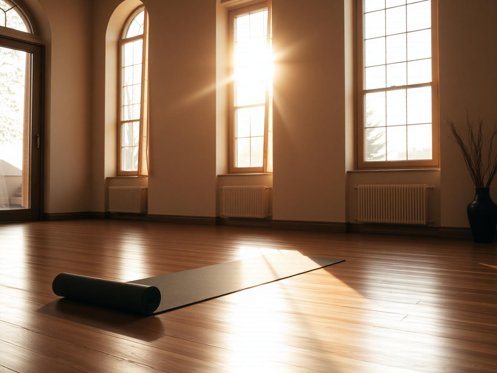 Sunlit yoga studio with a rolled mat on warm wood floors