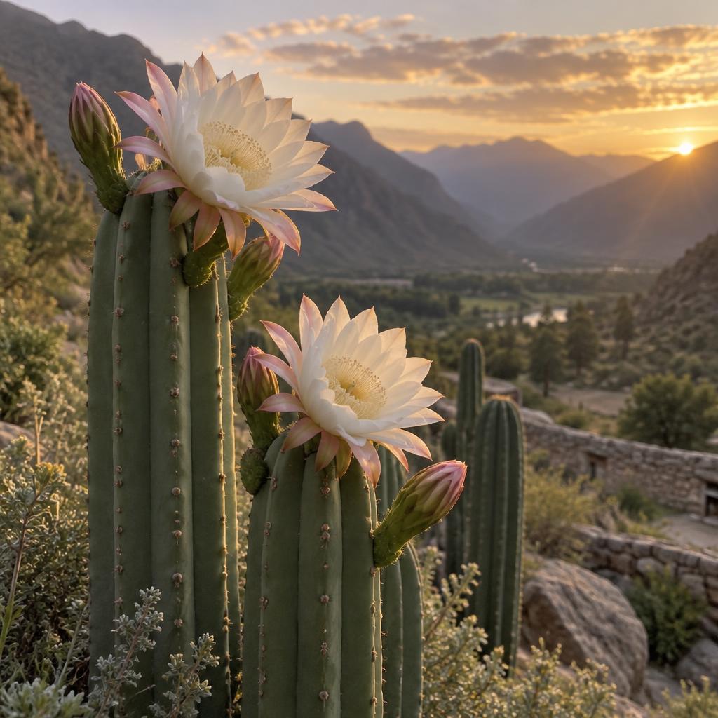 San Pedro cactus flowering in a mountain valley at golden hour