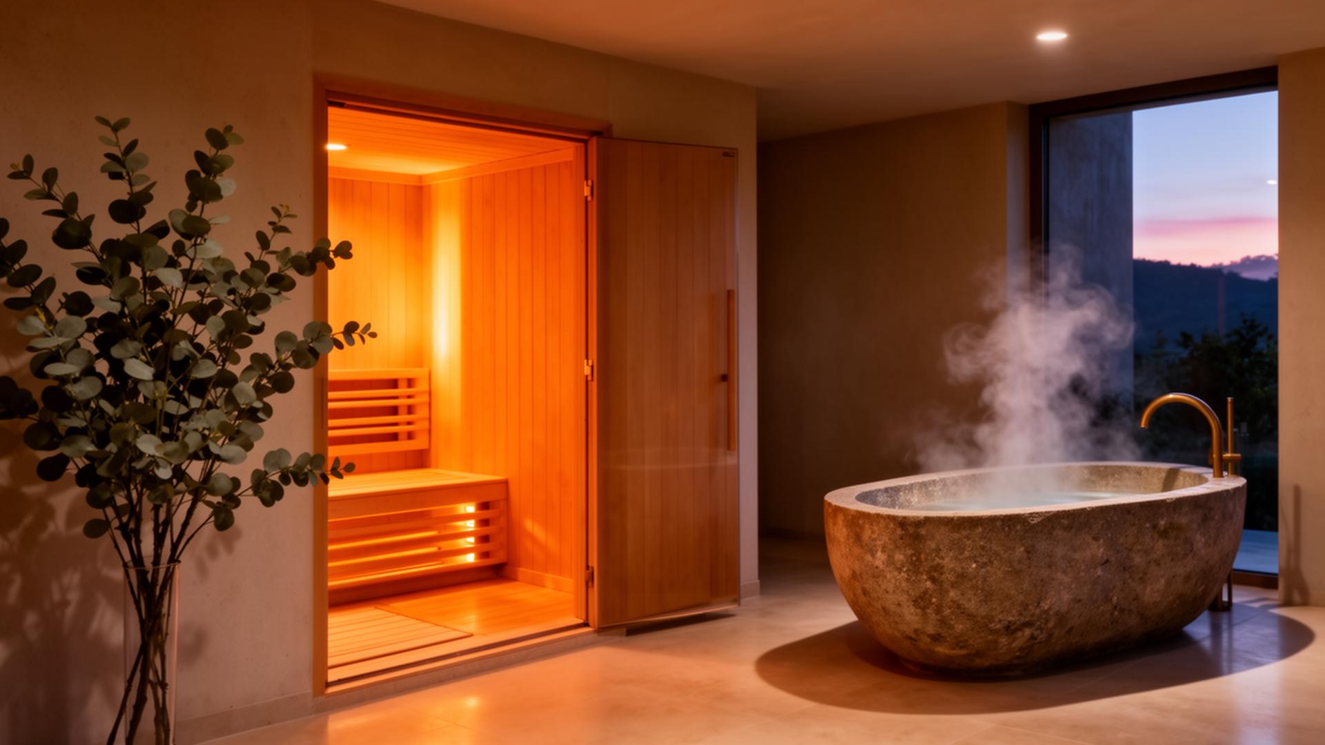 Infrared sauna and stone bath at dusk inside a luxury suite