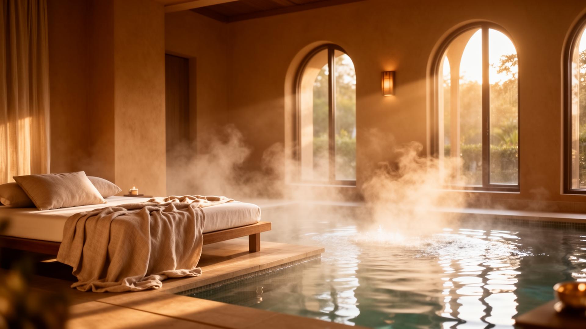 Warm steam rising from a stone hydrotherapy pool at sunrise