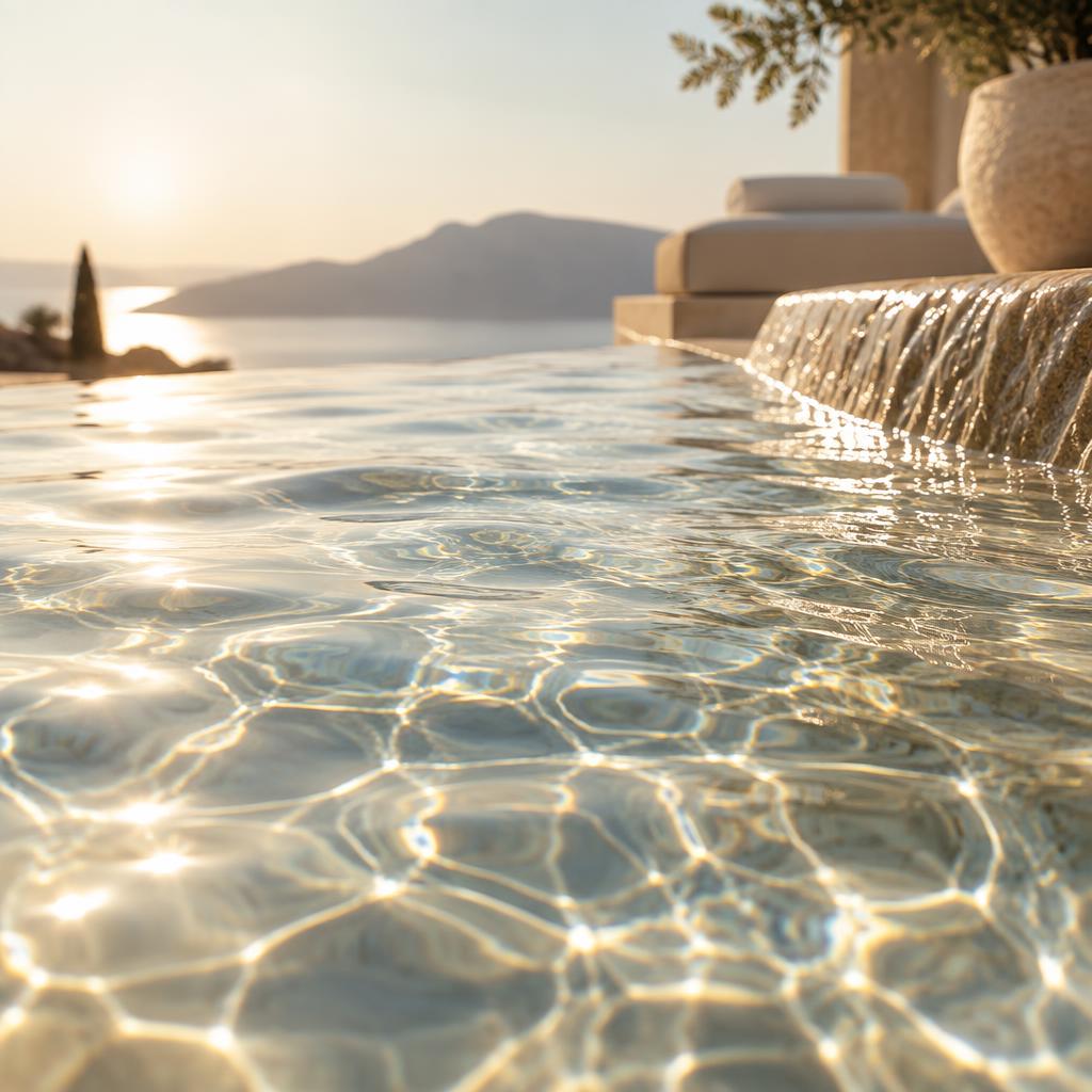 Sunlight glistening across calm, clear water at a luxury wellness retreat