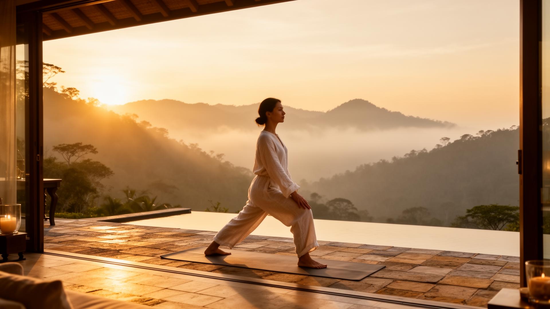 Guest practicing yoga on a stone terrace overlooking misty mountains at sunrise