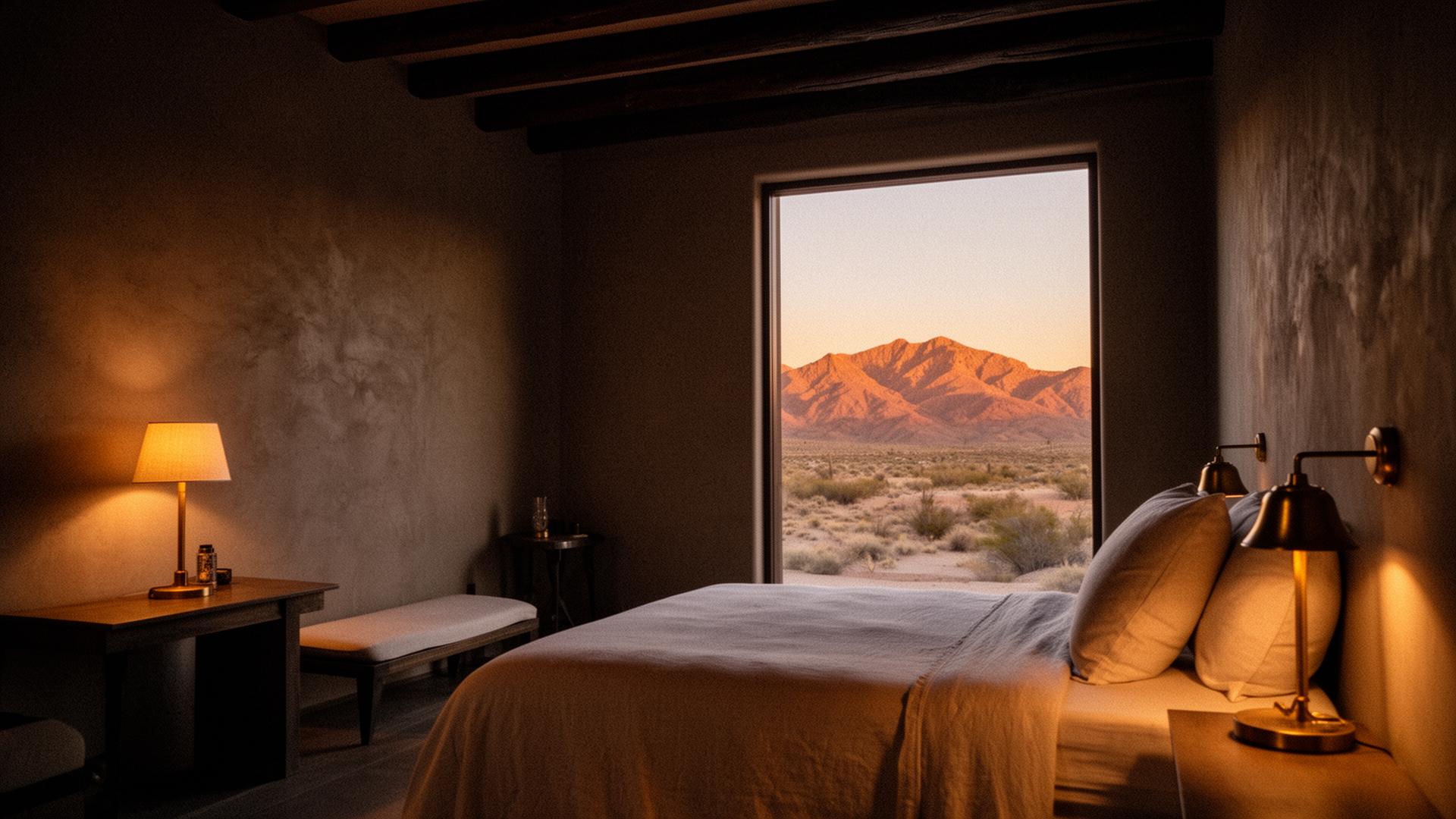 Cinematic wellness suite with desert mountain view at dusk