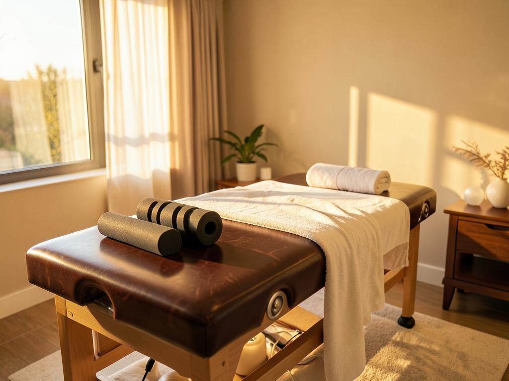 A warm bodywork therapy room with a massage table and release tools in golden light