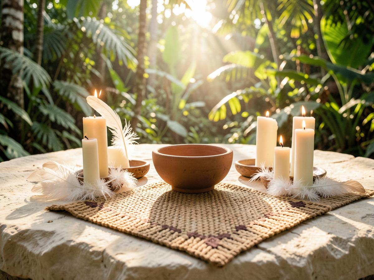 A ceremonial altar with candles, feathers, and a clay bowl in sunlit jungle